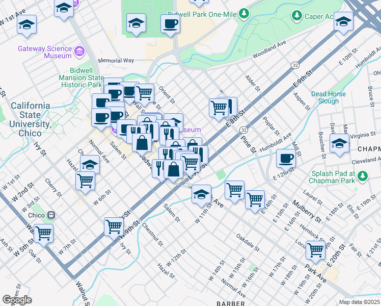 map of restaurants, bars, coffee shops, grocery stores, and more near 728 Flume Street in Chico