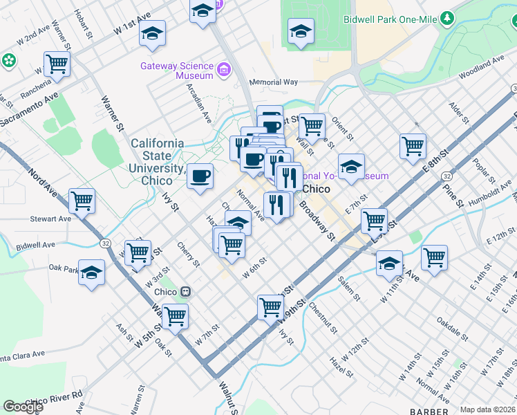 map of restaurants, bars, coffee shops, grocery stores, and more near in Chico
