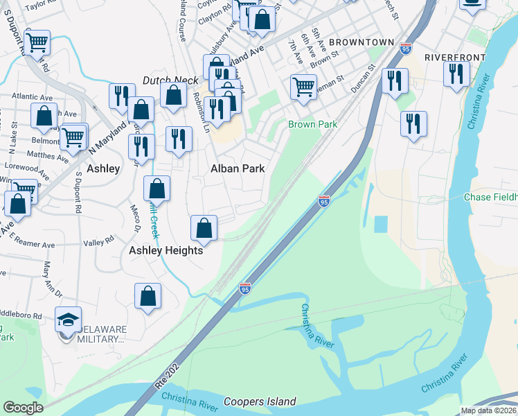 map of restaurants, bars, coffee shops, grocery stores, and more near 601 Homestead Road in Wilmington