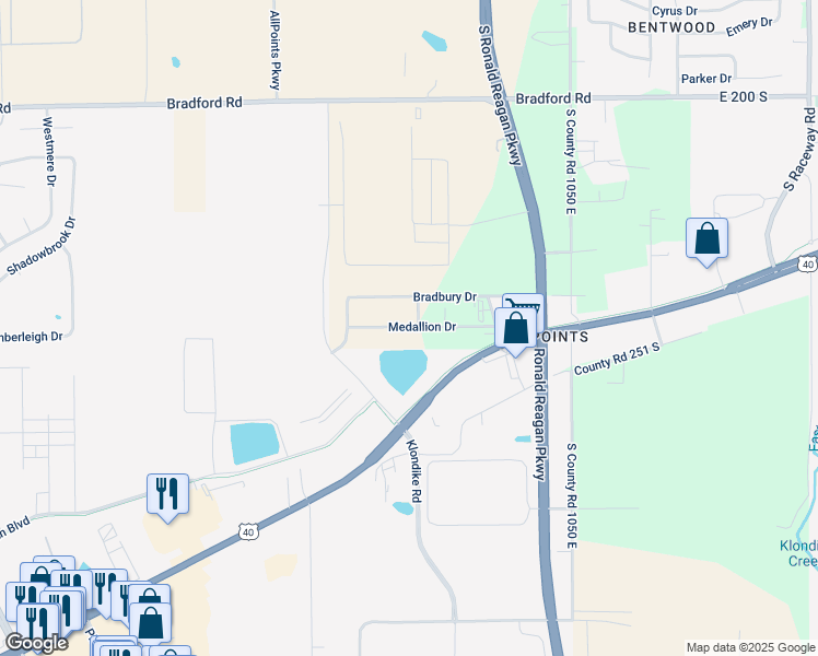 map of restaurants, bars, coffee shops, grocery stores, and more near 10124 Medallion Drive in Indianapolis