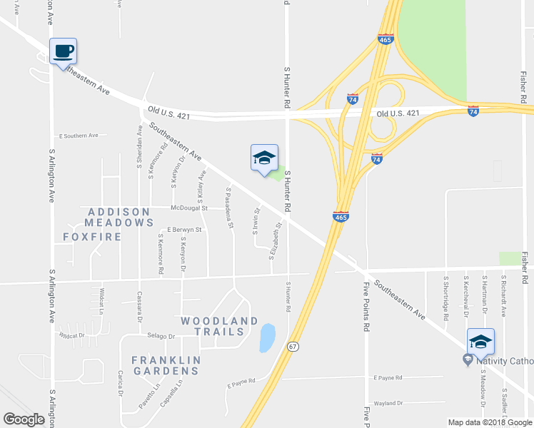 map of restaurants, bars, coffee shops, grocery stores, and more near 6655 Southeastern Avenue in Indianapolis