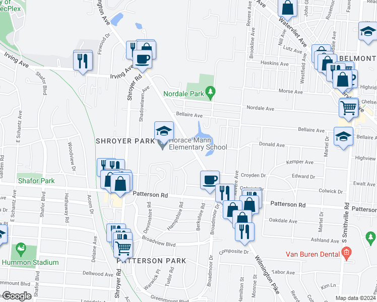 map of restaurants, bars, coffee shops, grocery stores, and more near 1015 Wilmington Avenue in Dayton