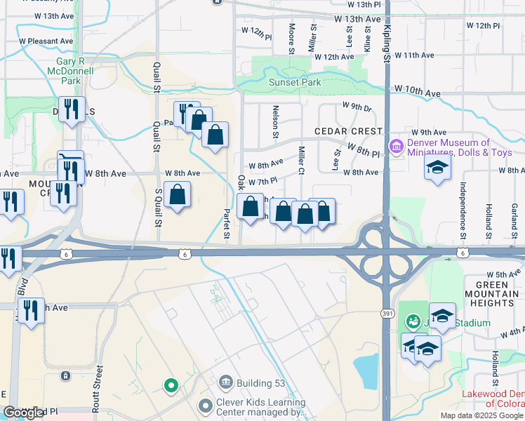 map of restaurants, bars, coffee shops, grocery stores, and more near 10657 West 6th Place in Lakewood
