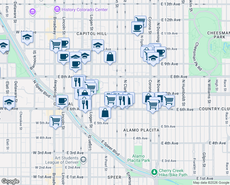 map of restaurants, bars, coffee shops, grocery stores, and more near 707 North Washington Street in Denver