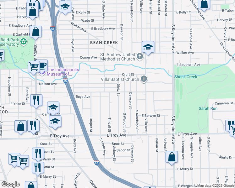 map of restaurants, bars, coffee shops, grocery stores, and more near 1745 East Gimber Street in Indianapolis