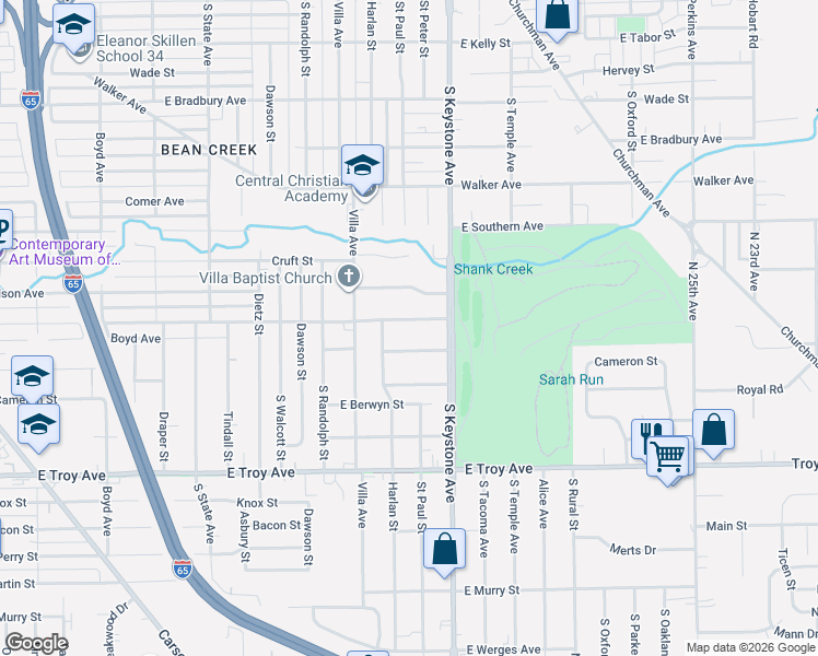 map of restaurants, bars, coffee shops, grocery stores, and more near 2325 E Gimber St in Indianapolis