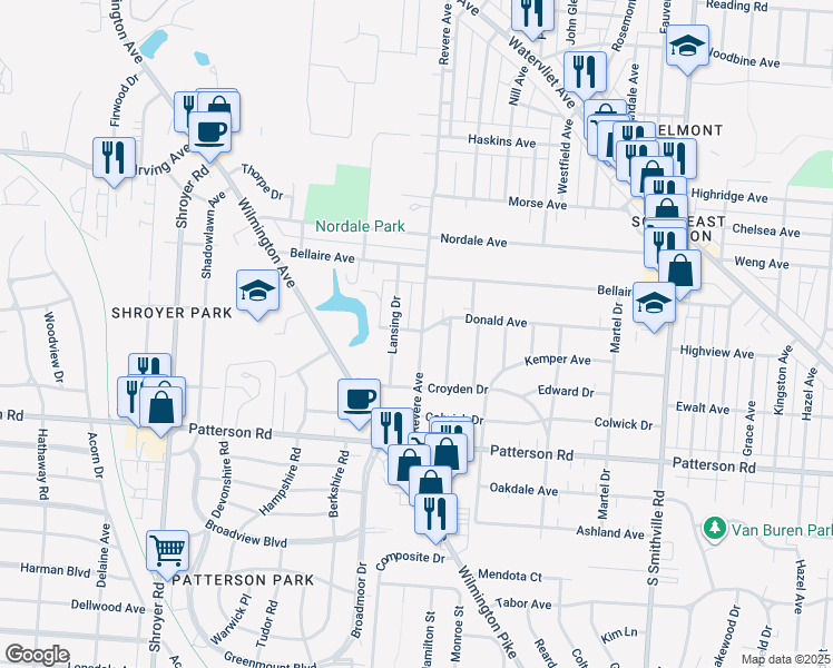 map of restaurants, bars, coffee shops, grocery stores, and more near 2901 Revere Avenue in Dayton