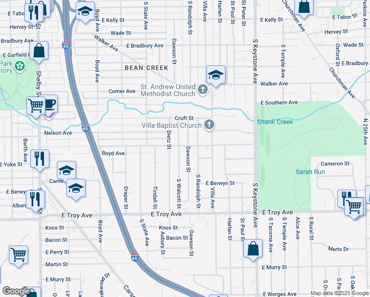 map of restaurants, bars, coffee shops, grocery stores, and more near 2738 Dawson Street in Indianapolis