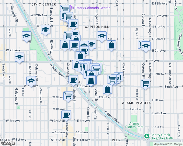 map of restaurants, bars, coffee shops, grocery stores, and more near 301 East 7th Avenue in Denver