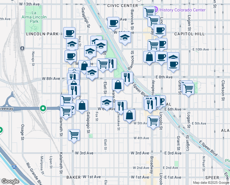 map of restaurants, bars, coffee shops, grocery stores, and more near 710 Delaware Street in Denver