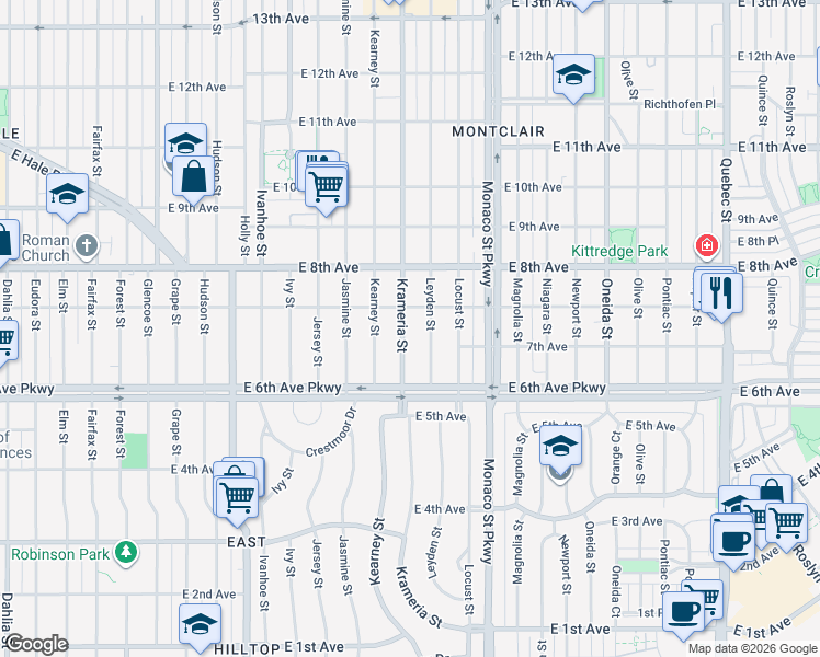 map of restaurants, bars, coffee shops, grocery stores, and more near 722 Krameria Street in Denver