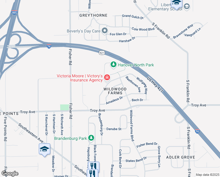 map of restaurants, bars, coffee shops, grocery stores, and more near 2874 Ludwig Drive in Indianapolis