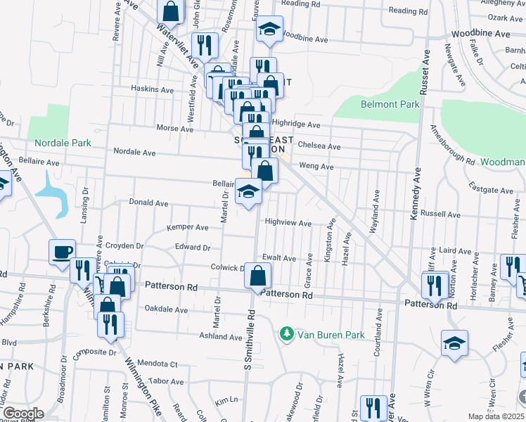 map of restaurants, bars, coffee shops, grocery stores, and more near 2730 South Smithville Road in Dayton