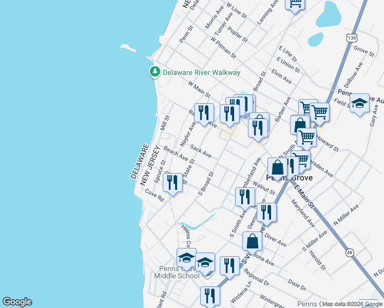 map of restaurants, bars, coffee shops, grocery stores, and more near 87 State Street in Penns Grove