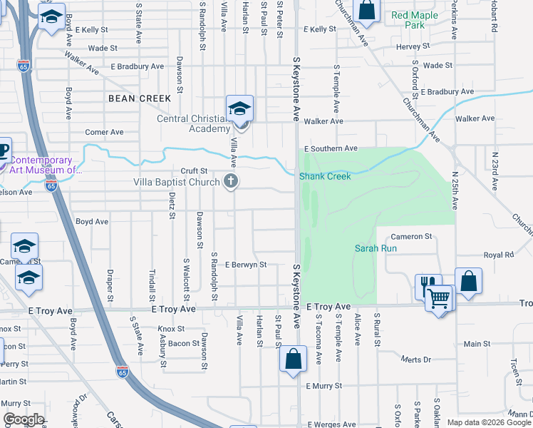 map of restaurants, bars, coffee shops, grocery stores, and more near 2325 East Gimber Street in Indianapolis