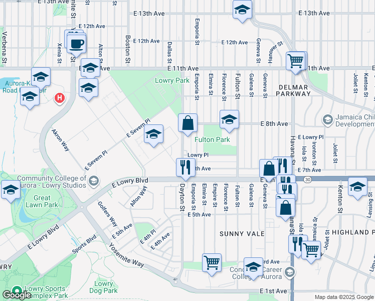 map of restaurants, bars, coffee shops, grocery stores, and more near 700 Boston Street in Aurora