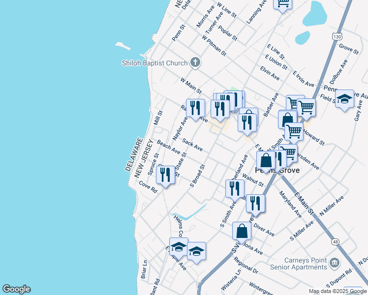 map of restaurants, bars, coffee shops, grocery stores, and more near 87 State Street in Penns Grove