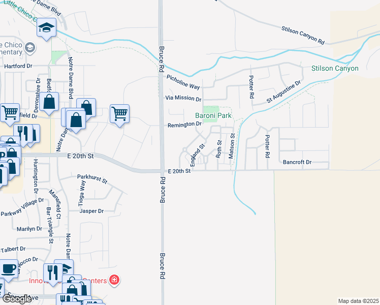 map of restaurants, bars, coffee shops, grocery stores, and more near 2368 McGie Street in Chico