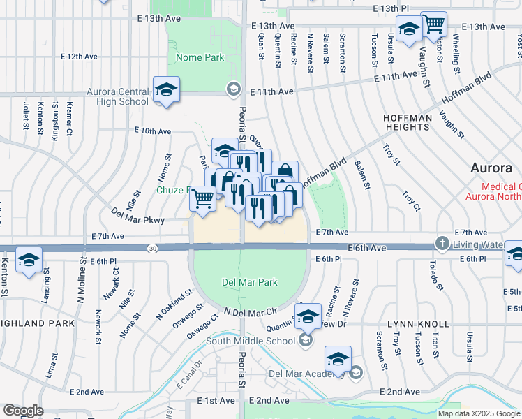 map of restaurants, bars, coffee shops, grocery stores, and more near 720 Peoria Street in Aurora