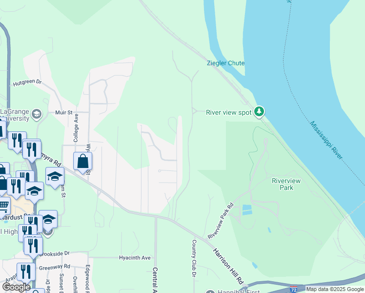 map of restaurants, bars, coffee shops, grocery stores, and more near 252 Gala Drive in Hannibal