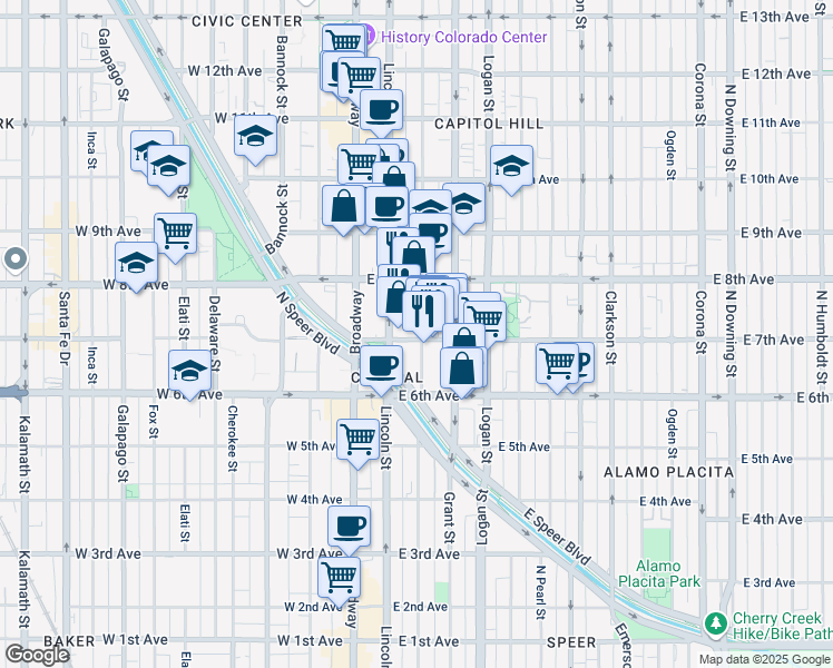 map of restaurants, bars, coffee shops, grocery stores, and more near 175 East 7th Avenue in Denver