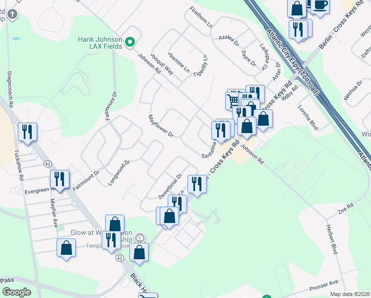 map of restaurants, bars, coffee shops, grocery stores, and more near 50 Santalina Drive in Sicklerville