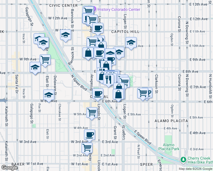 map of restaurants, bars, coffee shops, grocery stores, and more near 175 East 7th Avenue in Denver