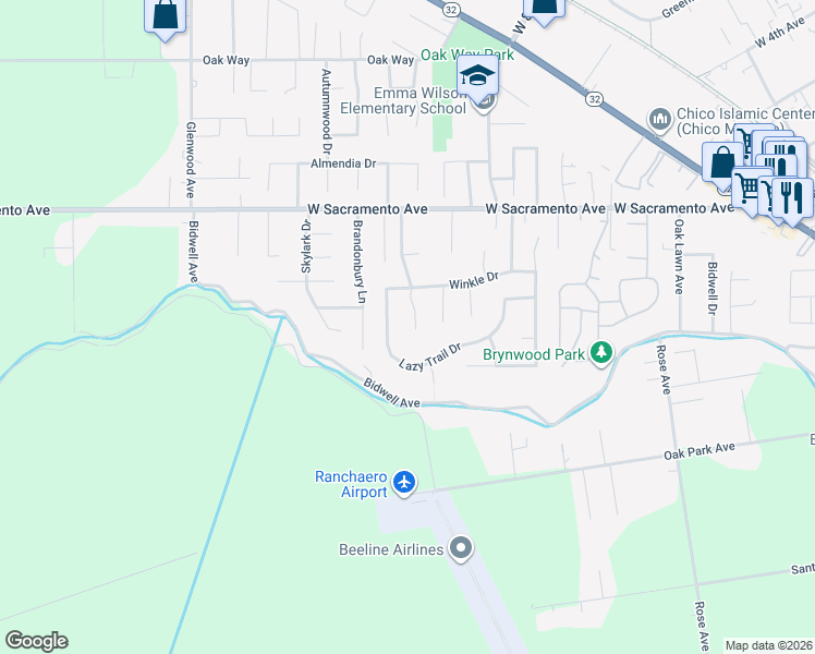 map of restaurants, bars, coffee shops, grocery stores, and more near 757 Westmont Court in Chico