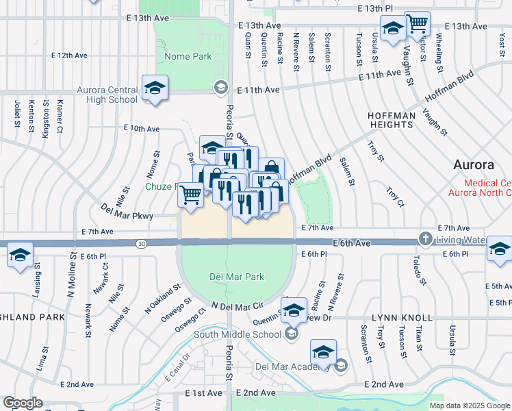 map of restaurants, bars, coffee shops, grocery stores, and more near 720 Peoria Street in Aurora