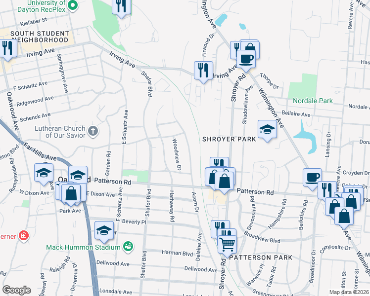 map of restaurants, bars, coffee shops, grocery stores, and more near 530 Woodview Drive in Dayton