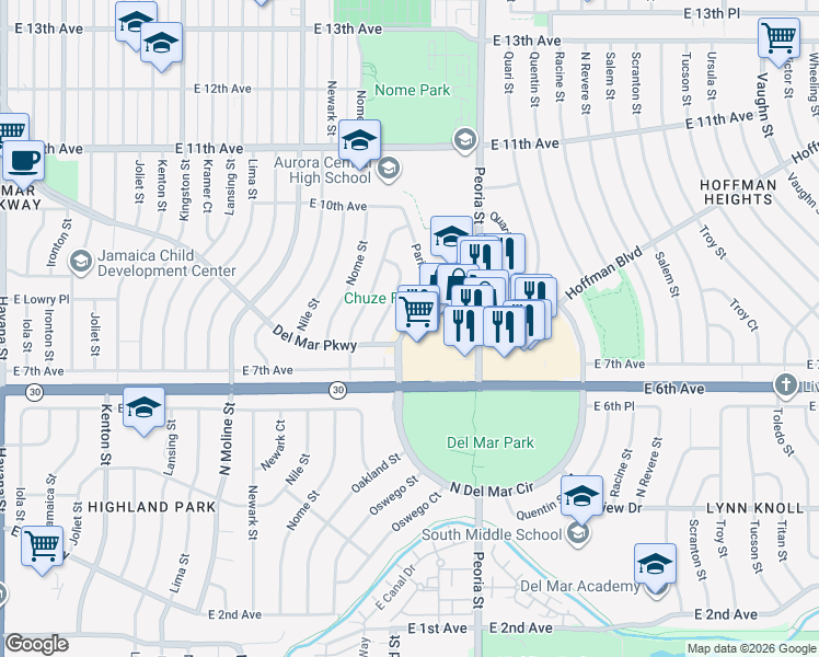 map of restaurants, bars, coffee shops, grocery stores, and more near 102 Del Mar Circle in Aurora