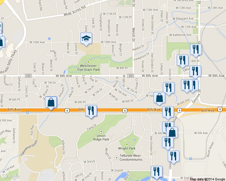 map of restaurants, bars, coffee shops, grocery stores, and more near 12710 West 6th Place in Golden