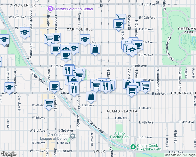 map of restaurants, bars, coffee shops, grocery stores, and more near 707 North Washington Street in Denver