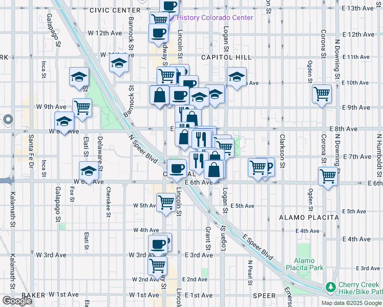 map of restaurants, bars, coffee shops, grocery stores, and more near 707 Sherman Street in Denver