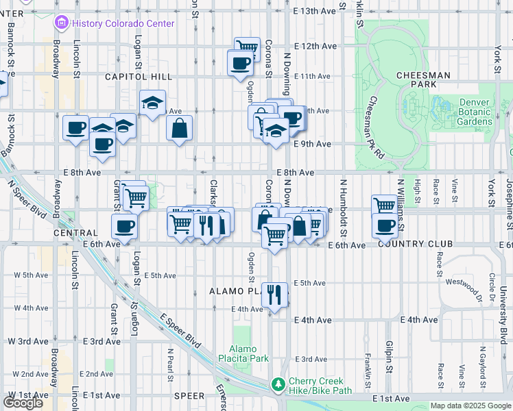 map of restaurants, bars, coffee shops, grocery stores, and more near 707 Corona Street in Denver