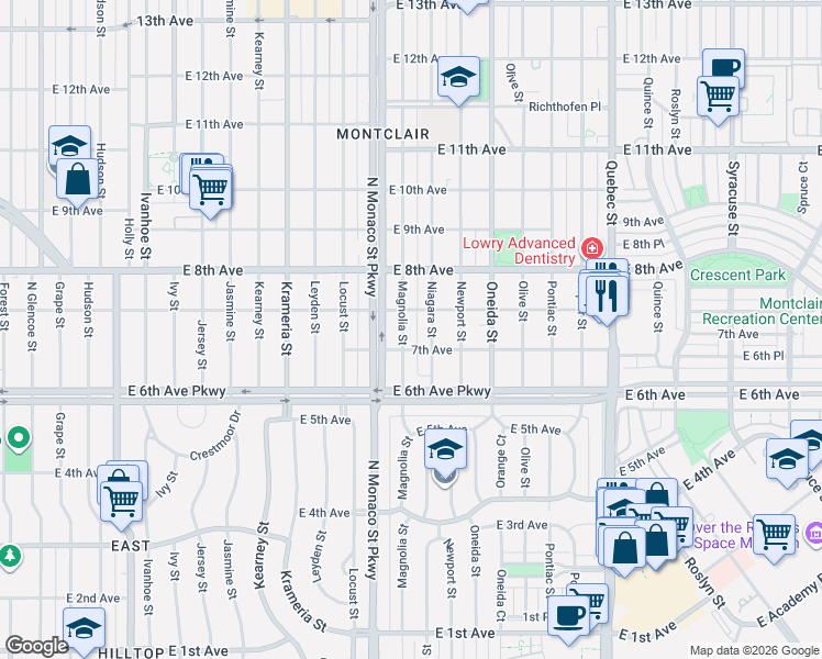 map of restaurants, bars, coffee shops, grocery stores, and more near 730 Magnolia Street in Denver