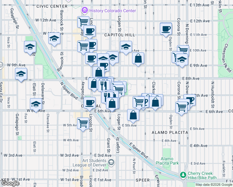 map of restaurants, bars, coffee shops, grocery stores, and more near 701 Pennsylvania Street in Denver