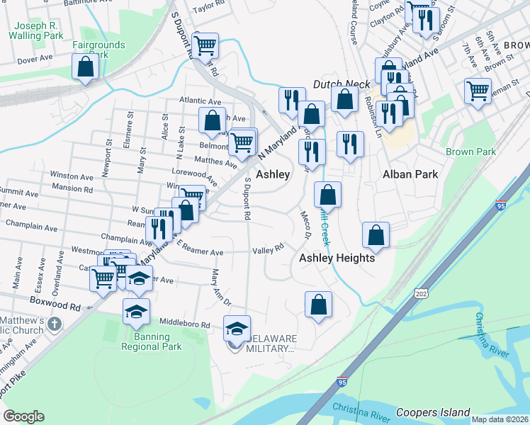 map of restaurants, bars, coffee shops, grocery stores, and more near 104 Valley Road in Wilmington