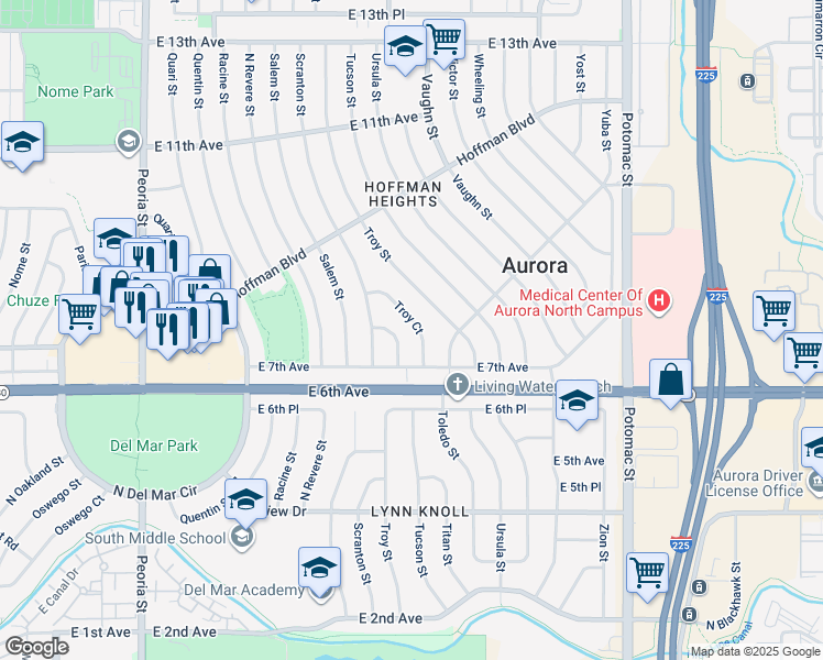 map of restaurants, bars, coffee shops, grocery stores, and more near 737 Troy Court in Aurora