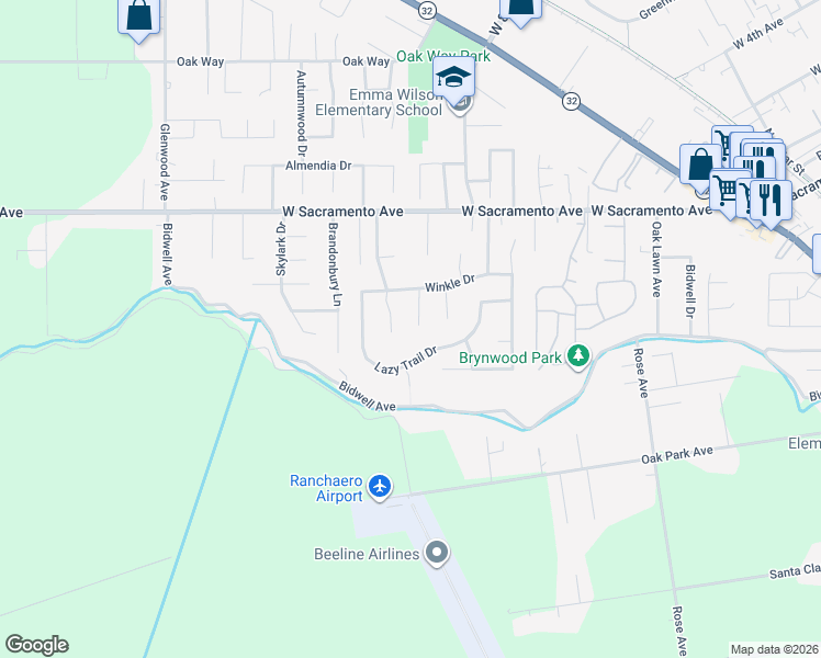 map of restaurants, bars, coffee shops, grocery stores, and more near 757 Hillgrove Court in Chico