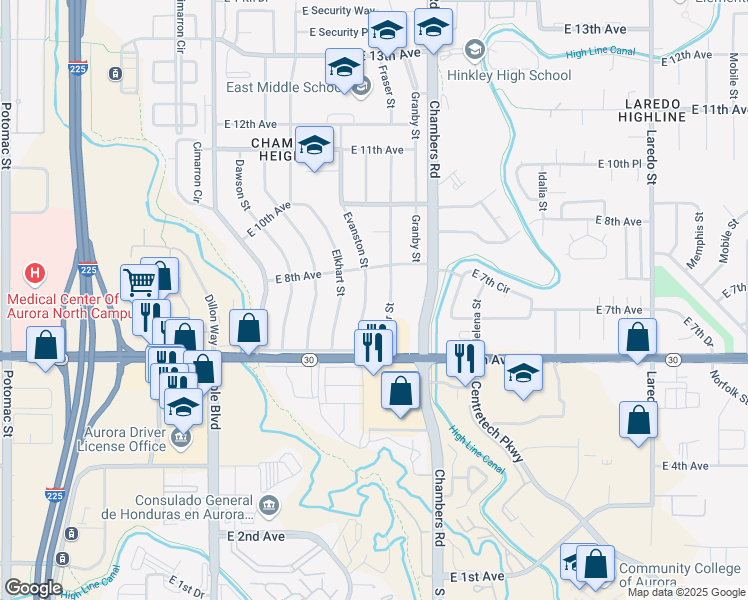map of restaurants, bars, coffee shops, grocery stores, and more near 728 Evanston Street in Aurora