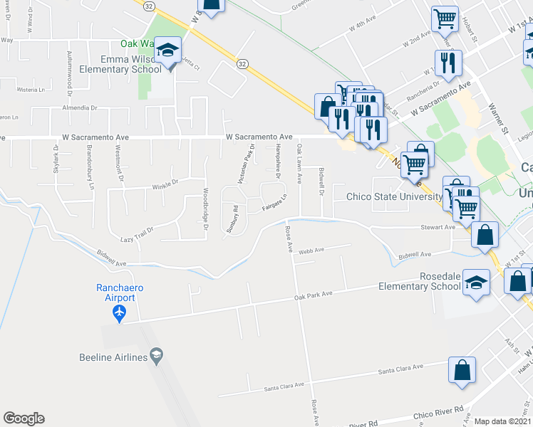 map of restaurants, bars, coffee shops, grocery stores, and more near 50 Fairgate Lane in Chico
