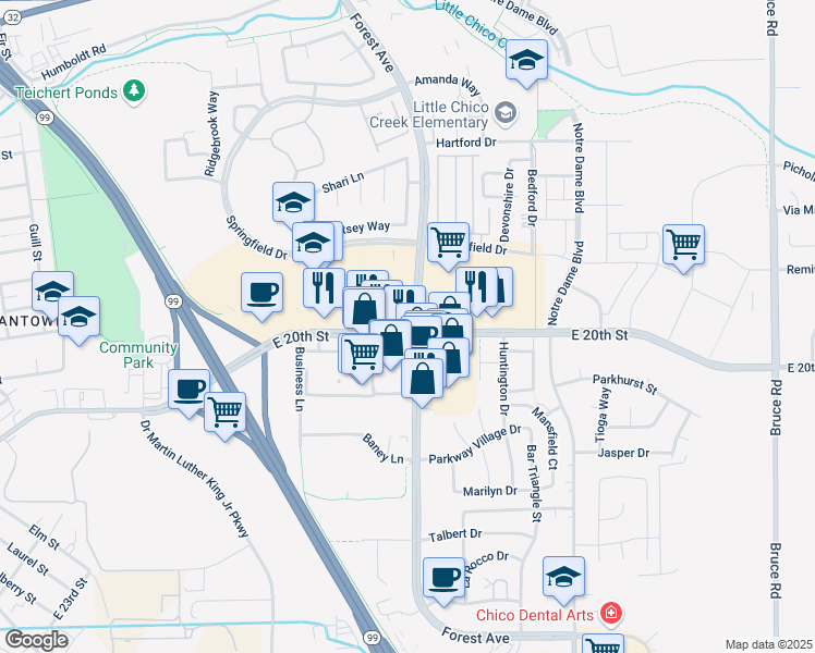 map of restaurants, bars, coffee shops, grocery stores, and more near 1950 Forest Avenue in Chico