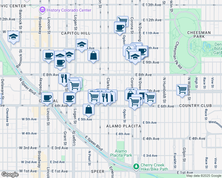 map of restaurants, bars, coffee shops, grocery stores, and more near 805 East 7th Avenue in Denver