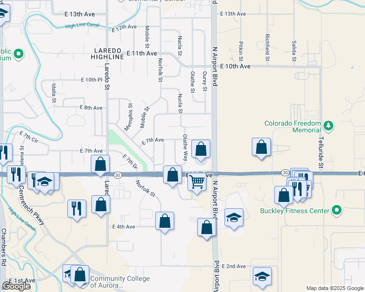 map of restaurants, bars, coffee shops, grocery stores, and more near 680 Nucla Way in Aurora