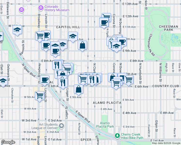map of restaurants, bars, coffee shops, grocery stores, and more near 707 North Washington Street in Denver