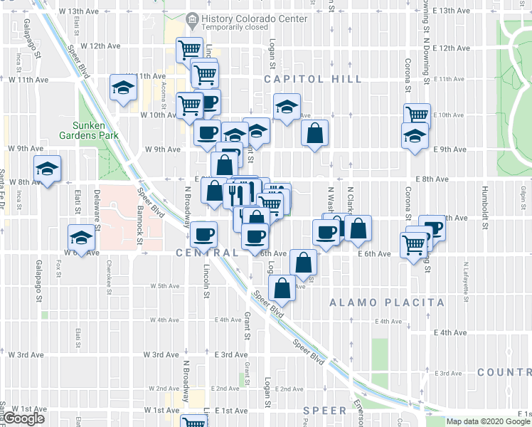 map of restaurants, bars, coffee shops, grocery stores, and more near 701 Pennsylvania Street in Denver