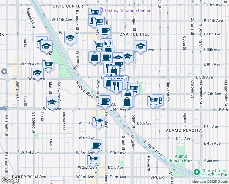 map of restaurants, bars, coffee shops, grocery stores, and more near 701 Sherman Street in Denver