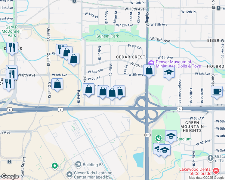 map of restaurants, bars, coffee shops, grocery stores, and more near 670 Miller Court in Lakewood