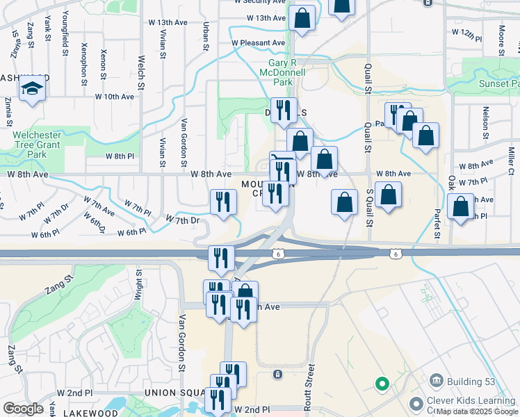 map of restaurants, bars, coffee shops, grocery stores, and more near 750 Tabor Street in Golden